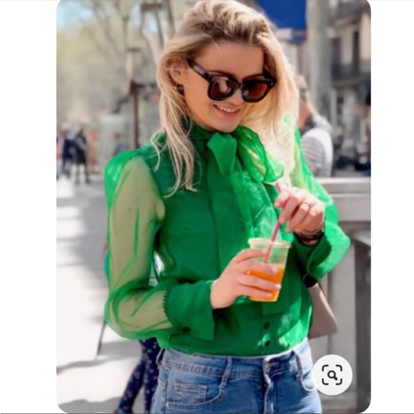 Zara green sheet organza blouse pussy bow dramatic chic S - Picture 11 of 12